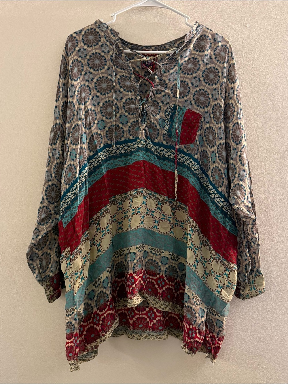 Johnny Was Multicolor Boho Stripe Tunic — Red, Blue & Cream